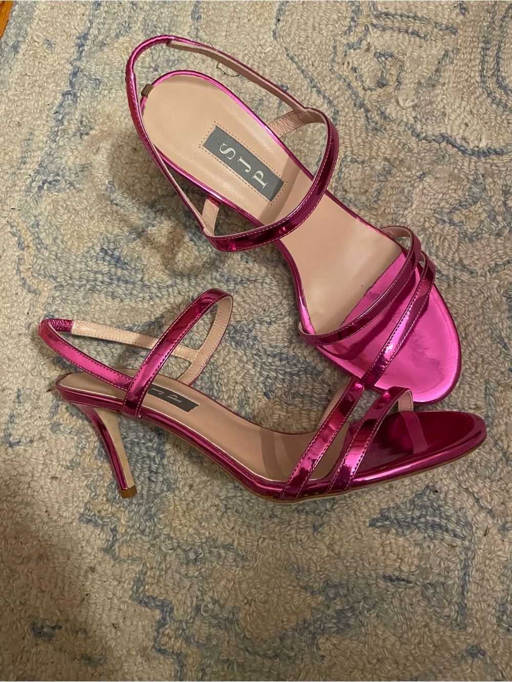 SJP Magenta Fuchsia Strap Leather Sandals Heels Shoes Pink Mirror Metallic 37